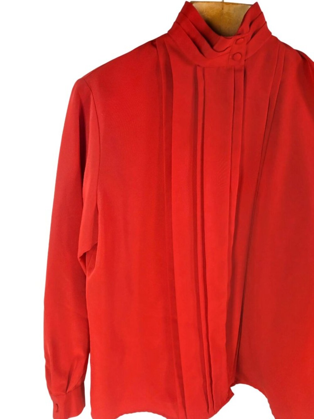 Vintage 80s Hill Archer Red High Neck Pleated Blouse Size 12 Long Sleeve Pleated - Picture 10 of 16